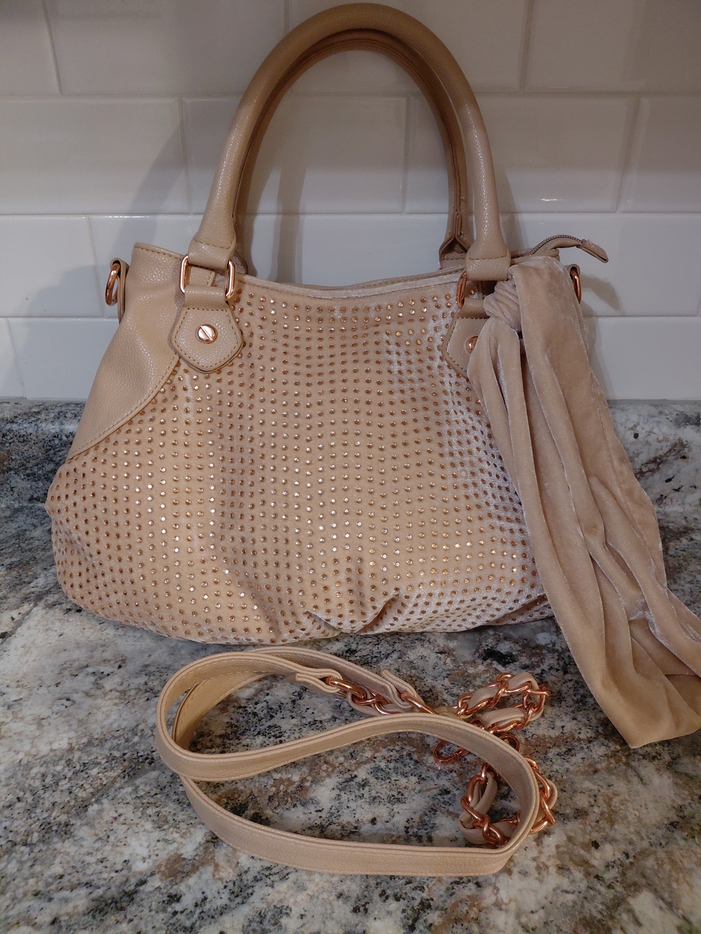 Betsey Johnson Tan Velvet Faux Leather Rose Gold Studded Satchel Purse W/Strap